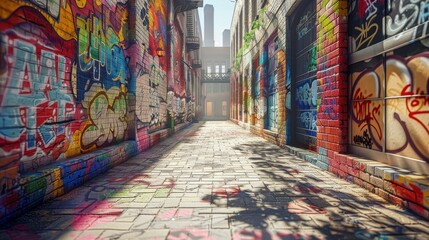Fototapeta premium Vibrant graffiti-covered urban alleyway with colorful street art and sunlight creating shadows on the cobblestone path.
