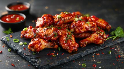 Spicy chicken wings ideal for restaurant menus, flyers, and social media. Concept food photography for restaurant promotion.
