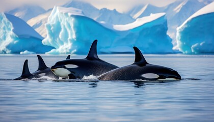 Fototapeta premium Groups of Orcas or killer whales swim and hunt for prey, the top of the food chain in a sea of ​​ice floes