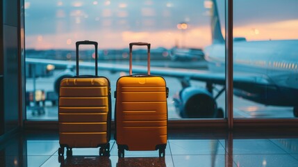 Suitcases in Airport with Background Window and Blurred Runway Outside: Capturing the Essence of Travel Preparation
