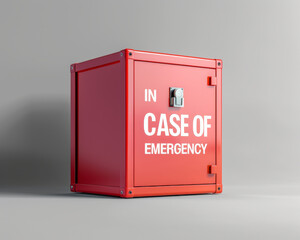 3D generated front view of a Red colored safety box, with the text "EMERGENCY".