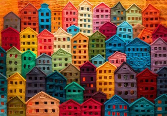 Fototapeta premium Crochet yarn, wool, and knitting materials in soft vibrant colors are crafted to resemble cityscapes, villages, buildings, and skyscrapers, ideal for backgrounds and graphic design.