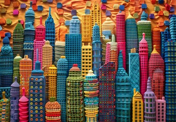 Crochet yarn, wool, and knitting materials in soft vibrant colors are crafted to resemble cityscapes, villages, buildings, and skyscrapers, ideal for backgrounds and graphic design.