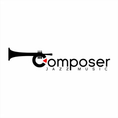 Composer jazz music word design with illustration of trumpet symbol on letter C.