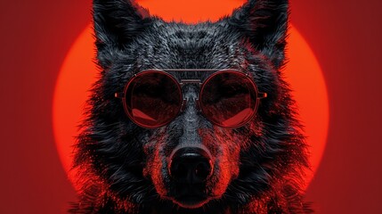  A close-up of a dog wearing sunglasses on its face against a red background, with the moon visible in the distance