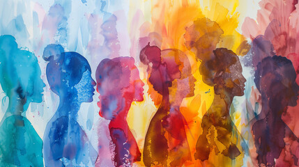 Diverse Group of People Standing in Front of Colorful Abstract Painting