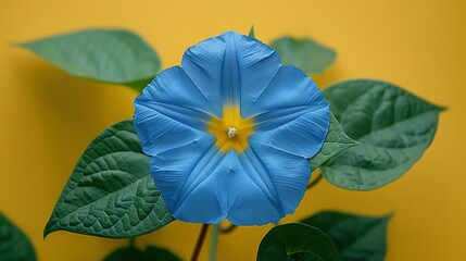   A macro shot of a azure bloom with verdant foliage against a gold backdrop, featuring a sunny mark at its core