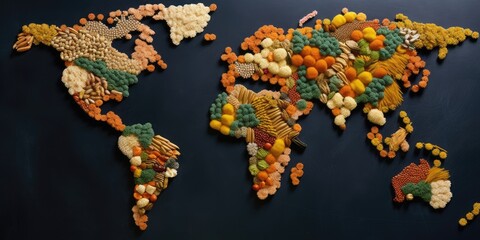 World map made from assorted spices and grains on a dark background. Culinary and global cuisine concept. Design for food blog, cultural diversity, cooking theme, various food ingredient. AIG35.