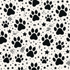 Black Paw prints background with stars decoration