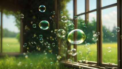 Bubbles flying in the green field generative Ai 