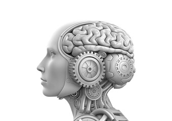 integrated synthetic android, asset on grey background, anthropomorphic _ humanoid, human brain, intelligent man, beautiful female android, clockwork