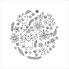 Cute circle card raccoon, birds and flowers