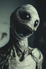 horror art, alien creature with no skin laughing maniacally at the camera, large black eyes and many sharp teeth, scary, dark grey background, photorealistic // ai-generated 