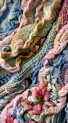 Burst of Colors: A Detailed Display of Vibrant Yarn Knitting Patterns in Pastel and Deep Hues