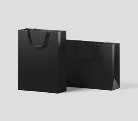 Black shopping bag for branding with place for your brand name or text, Mockup, 3d rendering, isolated on light background.
