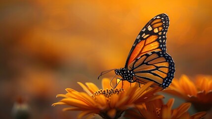   A monarch butterfly rests on a sunflower in a field of golden flowers, with a slightly blurred background