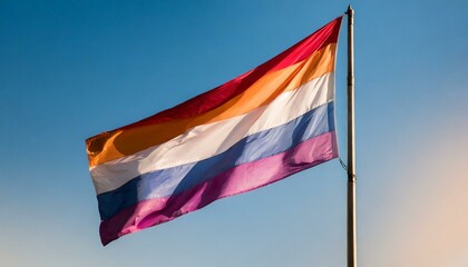 Obraz premium lesbian flag flutters against blue sky, lgbt pride month