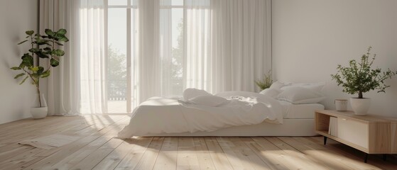 Bright minimalist bedroom featuring a white bed and a sleek wooden floor