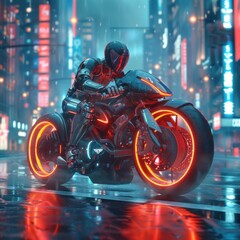 Armored Bodybuilder Racing through Futuristic Neon Metropolis