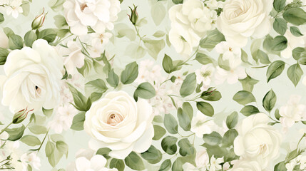 A seamless watercolor floral pattern featuring delicate white roses and lush green leaves arranged in a vintage luxury design with soft pastel backgrounds