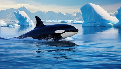 Obraz premium Groups of Orcas or killer whales swim and hunt for prey, the top of the food chain in a sea of ​​ice floes