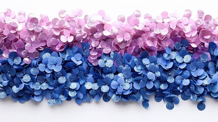   A close-up of a group of purple and blue flowers on a white background, framed by a pink and blue border