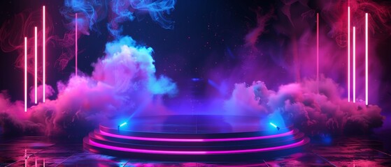 Futuristic stage with vibrant neon lighting and dramatic smoke, perfect for highenergy performances