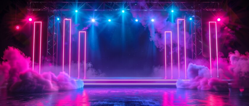 Futuristic stage with pulsating neon lights and atmospheric smoke, perfect for technologythemed presentations