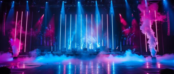 Innovative stage design with neon lights and atmospheric smoke, creating a modern ambiance