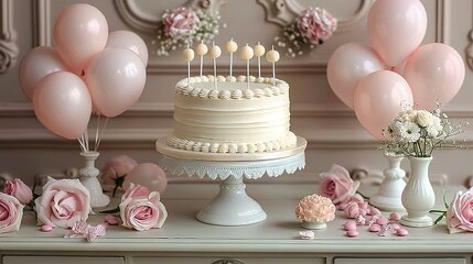   A white cake atop a table, adjacent to a pink-filled vase and a cluster of balloons