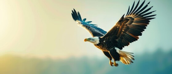 Fototapeta premium Low-angle view, minimalist design of a solitary eagle in flight, capturing detailed feathers against a clear, azure sky, photorealistic, emphasizing natural beauty and freedom