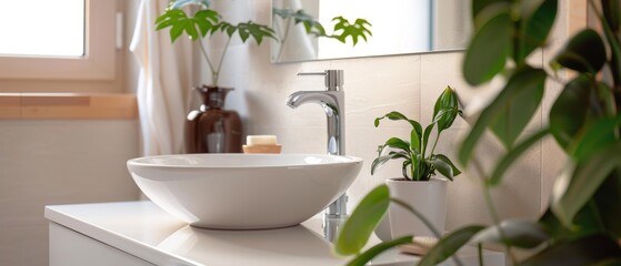 Minimalist bathroom with a clean white sink, a simple mirror, and a single plant, highlighting uncluttered space and functional design