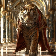 Fototapeta na wymiar Tiger in Luxurious Chinese Clothing Roams through a Steampunk Palace Corridor
