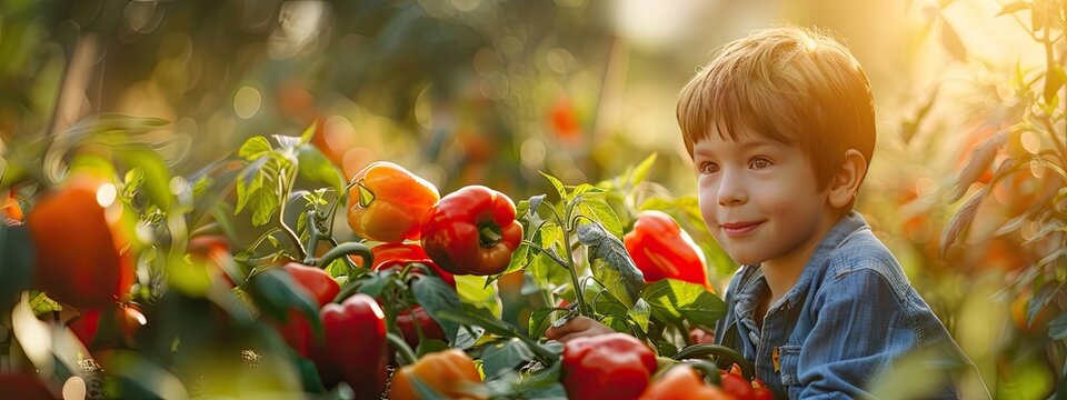 the child collects pepper. Selective focus