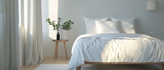 Minimalist bedroom featuring a simple bed, white linens, and a single bedside table with a lamp, set against a light gray wall for a calming environment