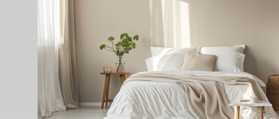 Minimalist bedroom with a bed, bedside table, and simple decor