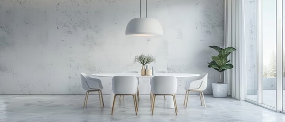 Minimalist dining area with a white table, matching chairs, and a single light fixture, set against a plain wall for an elegant and clean look - Powered by Adobe