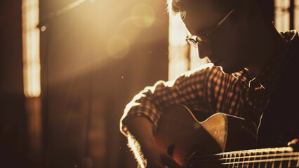 A musician engrossed in strumming his guitar with sunlight streaming in.