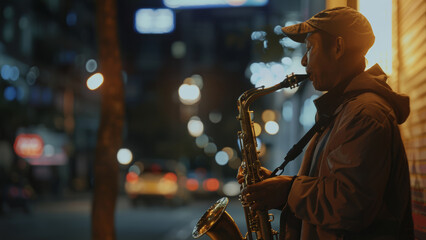 Saxophonist engulfed in city night lights while playing on a quiet street.