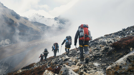 Trekkers navigating a misty and rocky high-altitude mountain trail.