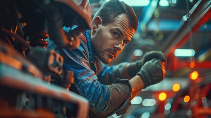 Auto Mechanic at Work in Garage - Focused auto mechanic in red uniform working on a car engine in a busy garage, showcasing precision and expertise in automotive repair.