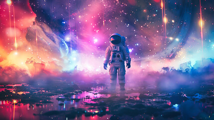An astronaut standing on an alien planet, under a stunning colorful sky