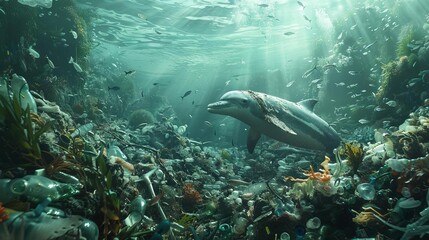 Fototapeta premium A dramatic representation of the environmental impact of plastic rubbish on marine life, both striking and haunting