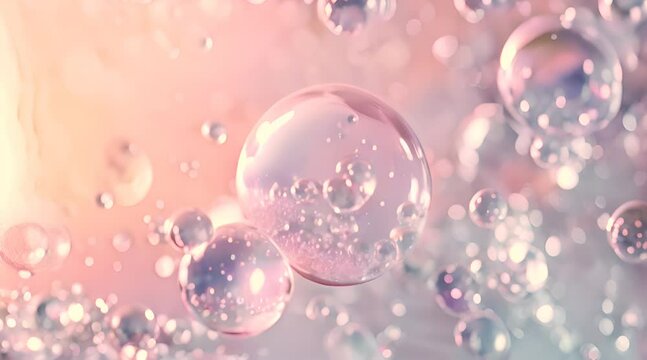 Close-up of iridescent soap bubbles with reflections against a pastel pink and purple background, creating a dreamy and whimsical atmosphere