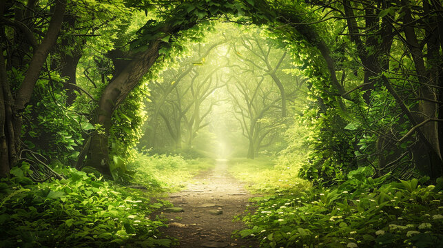 An enchanted forest with magical arches