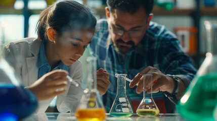 Teacher and student attentively conduct an experiment in a sunny lab setting.