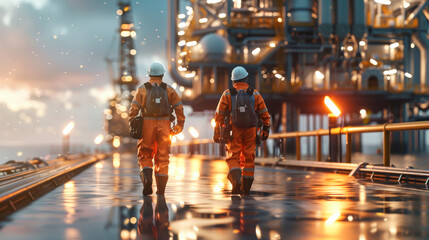 Two oil and gas workers on an industrial platform