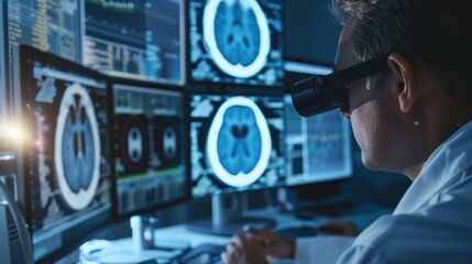 Radiologists work to diagnose and treat human eye diseases virtually on a modern screen interface.