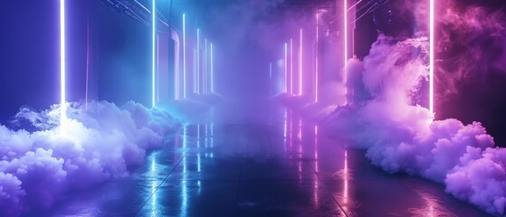 Neonlit stage with dynamic smoke effects, creating an immersive futuristic environment for performances