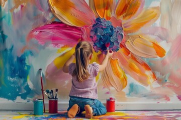 A joyful little girl painting a big colorful flower on a wall with paint cans and brushes on the floor beside her